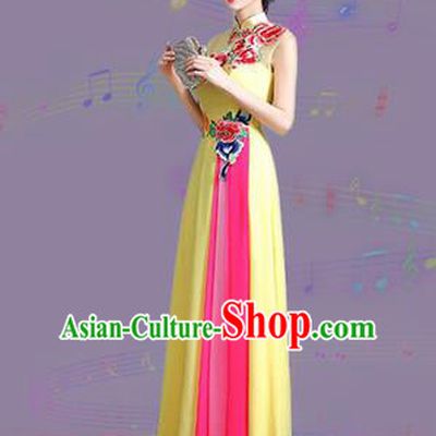 Chinese Traditional Cheongsam Costume Classical Embroidered Peony Yellow Full Dress for Women