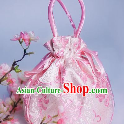 Chinese Traditional Hanfu Accessories Classical Pink Brocade Handbag for Women