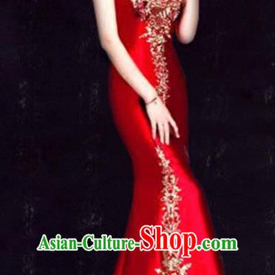 Chinese Traditional Fishtail Cheongsam Costume Classical Embroidered Red Full Dress for Women