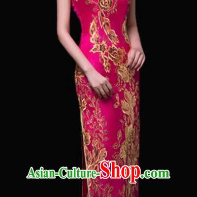 Chinese Traditional Embroidered Rosy Cheongsam Costume Classical Full Dress for Women