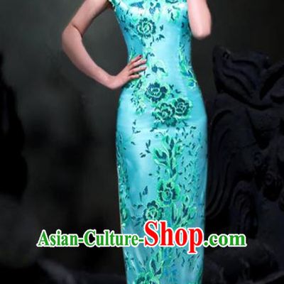 Chinese Traditional Embroidered Blue Cheongsam Costume Classical Full Dress for Women