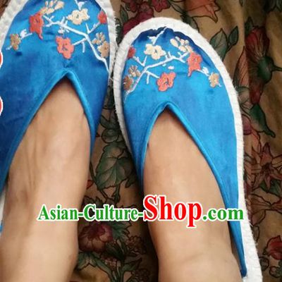 Chinese Ancient Princess Blue Slippers Traditional Embroidered Plum Blossom Shoes Hanfu Shoes for Women