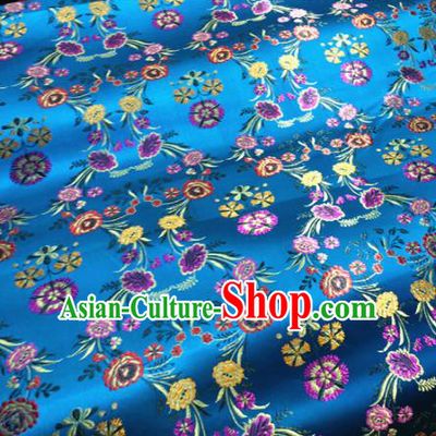 Chinese Traditional Buddhism Flowers Pattern Design Blue Brocade Silk Fabric Tibetan Robe Satin Fabric Asian Material