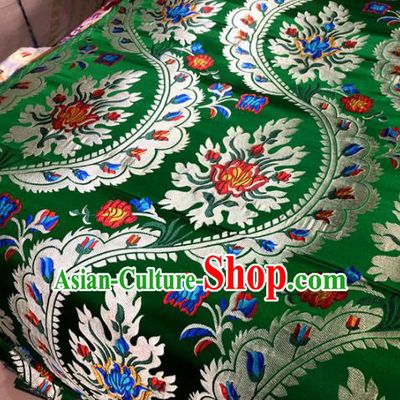Chinese Traditional Buddhism Flowers Pattern Design Green Brocade Silk Fabric Tibetan Robe Satin Fabric Asian Material