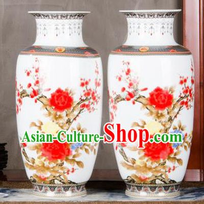Chinese Traditional Printing Red Peony Enamel Vase Jingdezhen Ceramic Handicraft