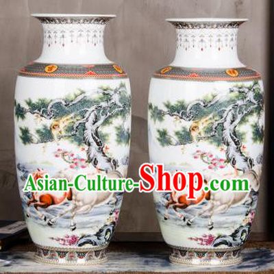 Chinese Traditional Printing Horses Enamel Vase Jingdezhen Ceramic Handicraft