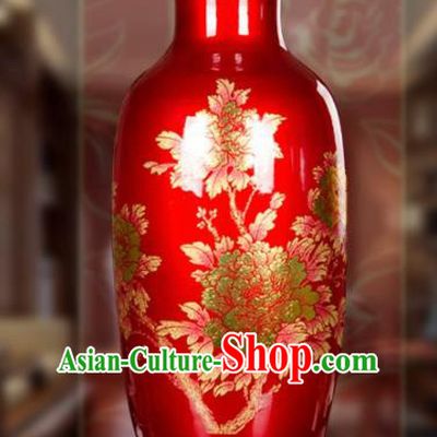Chinese Jingdezhen Ceramic Craft Printing Peony Pattern Red Enamel Vase Handicraft Traditional Porcelain Vase