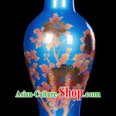 Chinese Jingdezhen Ceramic Craft Printing Peony Pattern Blue Enamel Vase Handicraft Traditional Porcelain Vase