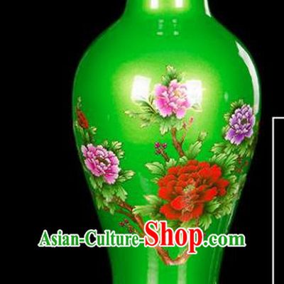 Chinese Jingdezhen Ceramic Craft Printing Peony Pattern Green Enamel Vase Handicraft Traditional Porcelain Vase