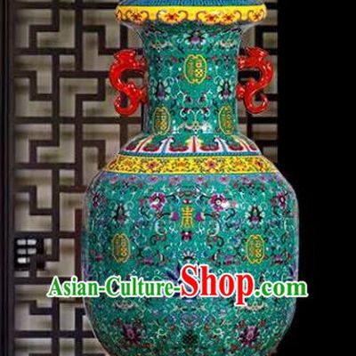 Chinese Jingdezhen Ceramic Craft Colour Enamel Green Amphora Vase Handicraft Traditional Porcelain Vase