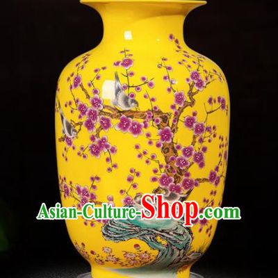 Chinese Jingdezhen Ceramic Craft Printing Plum Blossom Yellow Enamel Vase Handicraft Traditional Porcelain Vase