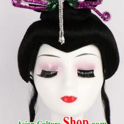 Chinese Ancient Peri Wigs and Rosy Phoenix Tassel Hairpins Traditional Peking Opera Artiste Hair Accessories for Women