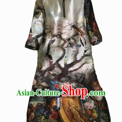 Chinese Traditional National Costume Tang Suit Qipao Dress Printing Cheongsam for Women