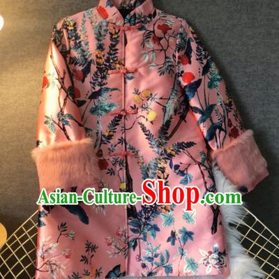 Chinese Traditional National Costume Pink Cotton Padded Coat Embroidered Tang Suit Outer Garment for Women