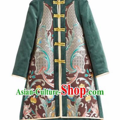 Chinese Traditional National Costume Green Cotton Padded Coat Embroidered Tang Suit Outer Garment for Women
