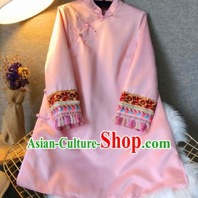 Chinese Traditional National Costume Tang Suit Qipao Dress Embroidered Pink Cheongsam for Women