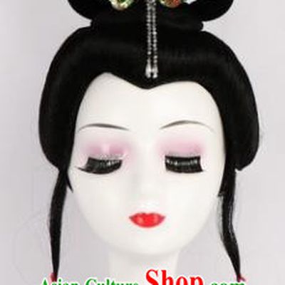 Chinese Ancient Peri Wigs and Green Phoenix Tassel Hairpins Traditional Peking Opera Artiste Hair Accessories for Women
