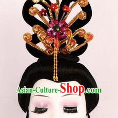 Chinese Ancient Peri Wigs and Golden Phoenix Tassel Hairpins Traditional Peking Opera Artiste Hair Accessories for Women