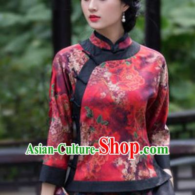 Chinese Traditional Upper Outer Garment National Costume Tang Suit Red Silk Blouse for Women