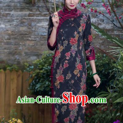 Chinese Traditional National Costume Tang Suit Printing Black Silk Qipao Dress Cheongsam for Women