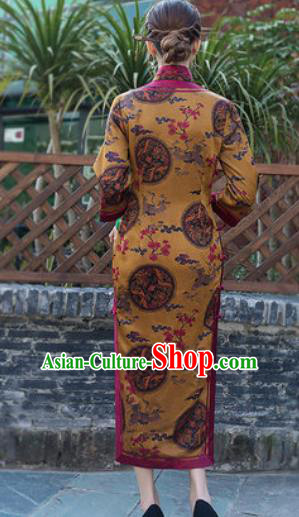 Chinese Traditional Tang Suit Golden Silk Qipao Dress National Costume Cheongsam for Women Chinese Traditional Tang Suit Golden Silk Qipao Dress National Costume Cheongsam for Women