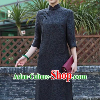 Chinese Traditional Tang Suit Black Qipao Dress National Costume Cheongsam for Women