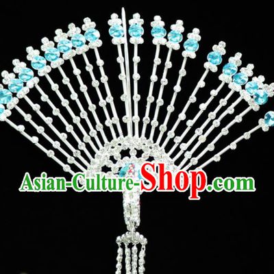 Chinese Ancient Princess Blue Crystal Hairpins Traditional Peking Opera Artiste Headwear for Women