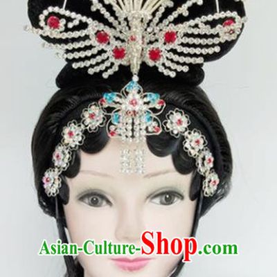 Chinese Ancient Peri Wigs and Crystal Phoenix Hairpins Traditional Peking Opera Imperial Consort Wig Sheath Hair Accessories for Women