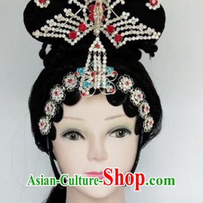 Chinese Ancient Peri Wigs and Crystal Phoenix Tassel Hairpins Traditional Peking Opera Imperial Consort Wig Sheath Hair Accessories for Women