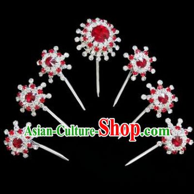 Chinese Ancient Princess Red Crystal Hairpins Traditional Peking Opera Artiste Hair Clips Headwear for Women