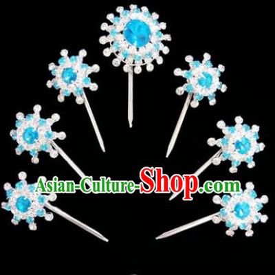 Chinese Ancient Princess Blue Crystal Hairpins Traditional Peking Opera Artiste Hair Clips Headwear for Women