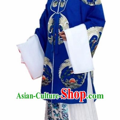 Chinese Ancient Old Lady Embroidered Blue Dress Traditional Peking Opera Dowager Countess Costume for Women