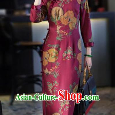 Chinese Traditional Tang Suit Wine Red Qipao Dress National Costume Printing Cheongsam for Women