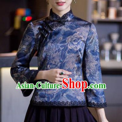 Chinese Traditional Tang Suit Upper Outer Garment Qipao Dress Blue Blouse National Costume for Women