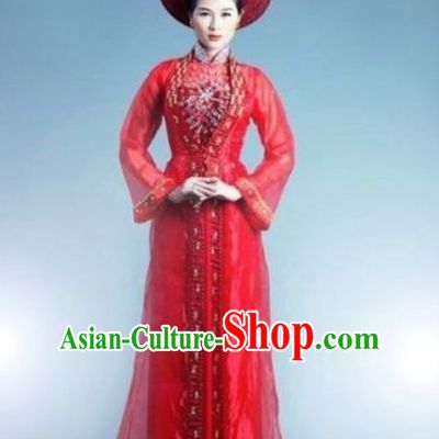 Classical Traditional Vietnam Wedding Dress and Hat Complete Set for Brides