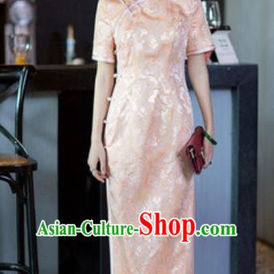 Chinese Traditional Tang Suit Qipao Dress National Costume Pink Silk Cheongsam for Women