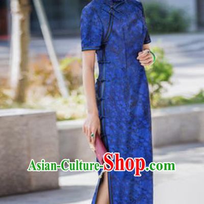 Chinese Traditional Tang Suit Qipao Dress National Costume Blue Silk Cheongsam for Women