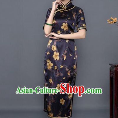 Chinese Traditional Printing Purple Silk Cheongsam Tang Suit Qipao Dress National Costume for Women