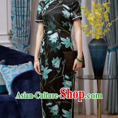 Chinese Traditional Printing Black Silk Cheongsam Tang Suit Qipao Dress National Costume for Women