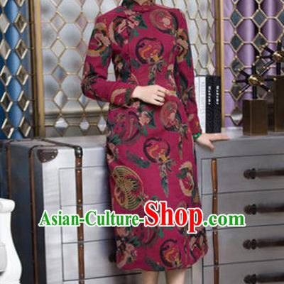 Chinese Traditional Printing Phoenix Wine Red Cheongsam Tang Suit Qipao Dress National Costume for Women