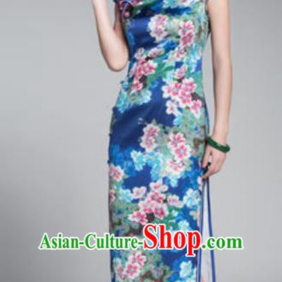Chinese Traditional Printing Flowers Blue Cheongsam Tang Suit Qipao Dress National Costume for Women