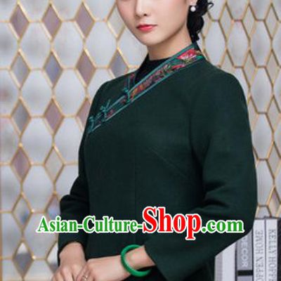 Chinese Traditional Tang Suit Upper Outer Garment Qipao Deep Green Blouse National Costume for Women
