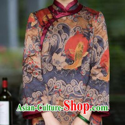 Chinese Traditional Printing Carp Silk Cheongsam Tang Suit Qipao Dress National Costume for Women