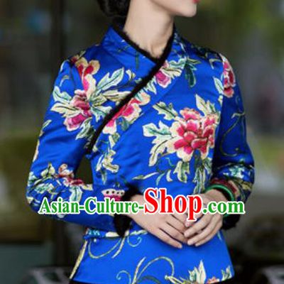 Chinese Traditional Tang Suit Upper Outer Garment Printing Peony Royalblue Silk Jacket National Costume for Women