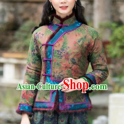 Chinese Traditional Tang Suit Upper Outer Garment Printing Wool Green Jacket National Costume for Women