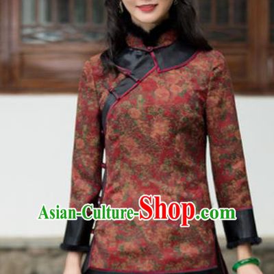 Chinese Traditional Tang Suit Upper Outer Garment Printing Red Blouse National Costume for Women