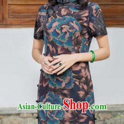 Chinese Traditional Printing Peony Navy Silk Cheongsam Tang Suit Qipao Dress National Costume for Women