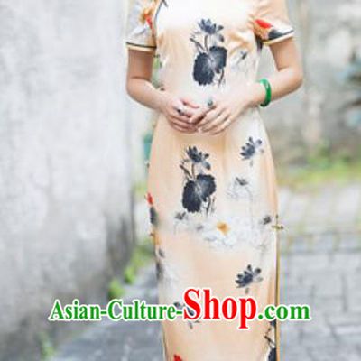 Chinese Traditional Printing Lotus Silk Cheongsam Tang Suit Qipao Dress National Costume for Women