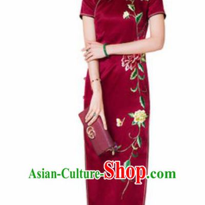 Chinese Traditional Embroidered Peony Wine Red Cheongsam Tang Suit Qipao Dress National Costume for Women
