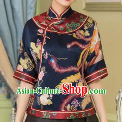 Chinese Traditional Tang Suit Upper Outer Garment Printing Phoenix Navy Silk Blouse National Costume for Women